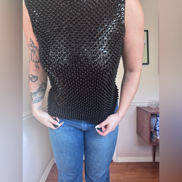 60s Vintage Black Wool Beaded Top or Vest Sz L - Picture 4 of 9